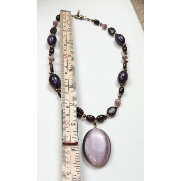 Purple & Brown Beaded Necklace With Large Glass Center Pendant - Picture 4 of 6